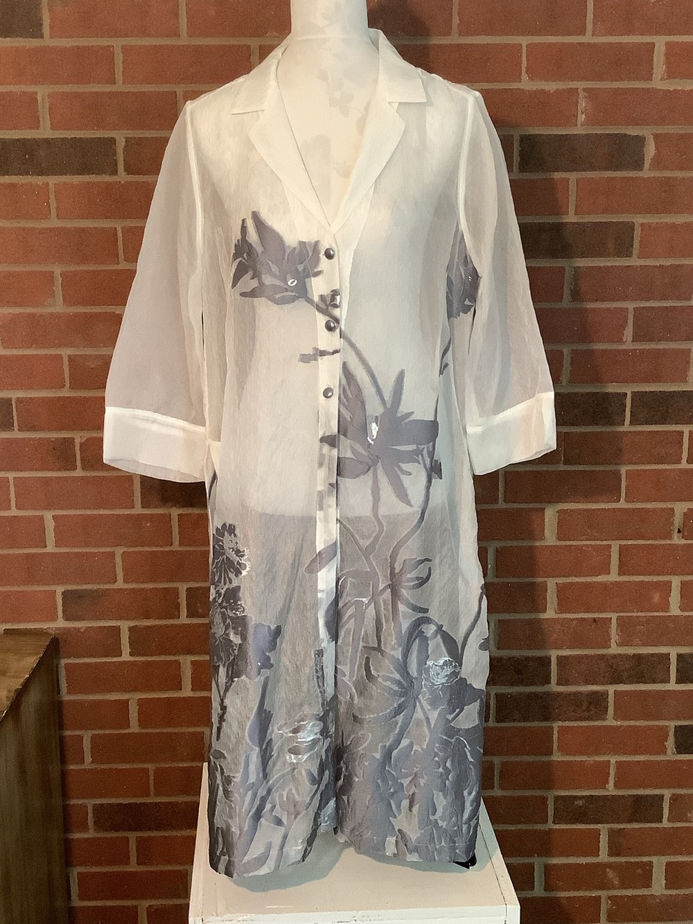Chico's Travelers Novelty Jacquard Duster White/Gray Large